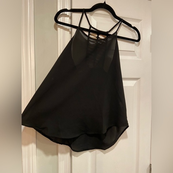 MINE Size S Black Flowy Racerback Spaghetti Strap Tank Top Open Gold Beaded Back - Picture 3 of 9